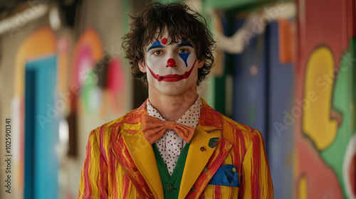 A young man with curly brown hair wearing a bright clown costume and traditional clown face paint. He has an orange bow tie, a white polka dot shirt, and a colorful striped jacket