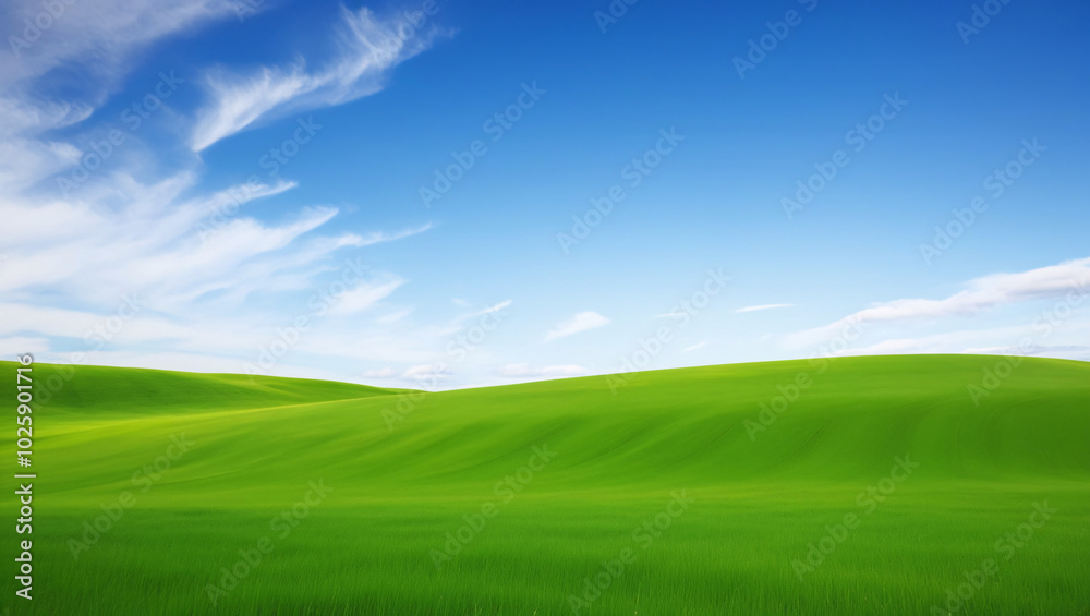 Serene Landscape of Rolling Green Hills Under a Clear Blue Sky with Soft White Clouds, Evoking Tranquility and Natural Beauty in a Peaceful Setting Serene Landscape of Rolling Green Hills Under a Clear Blue Sky with Soft White Clouds, Evoking Tranquility and Natural Beauty in a Peaceful Setting