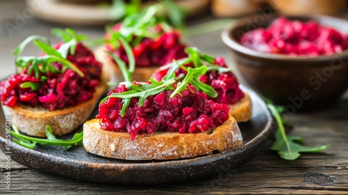 Three slices of toasted baguette topped with a beet and arugula spread, with a small bowl of the spread in the background.