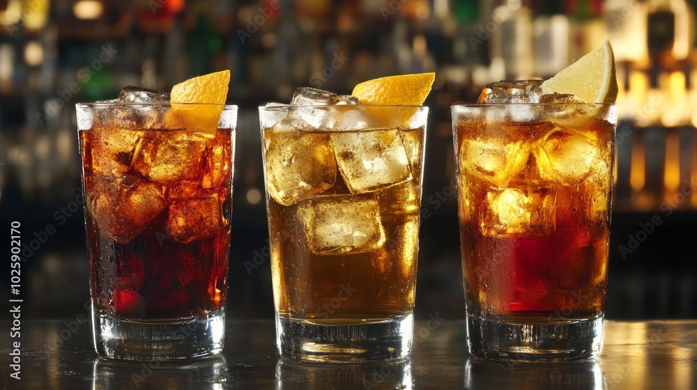 Three tall glasses of rum and coke with ice and a slice of lemon on a bar counter. Three tall glasses of rum and coke with ice and a slice of lemon on a bar counter.