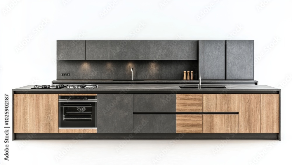 Fototapeta premium Modern kitchen interior with gray and wooden cabinets, island countertop, built-in oven, isolated on a white background.