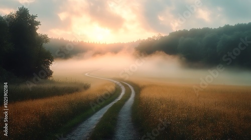 A fog-covered countryside after a storm, with mist rising from the wet fields and sunlight breaking through the dense fog, illuminating the path of a small dirt road that disappears into the distance.