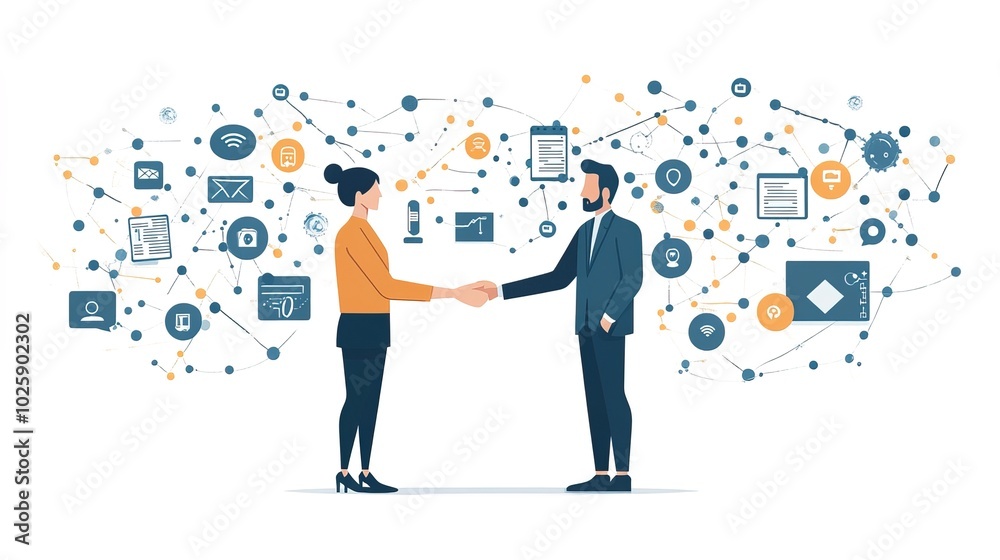 Business people, technology and shaking hands Business people, technology and shaking hands