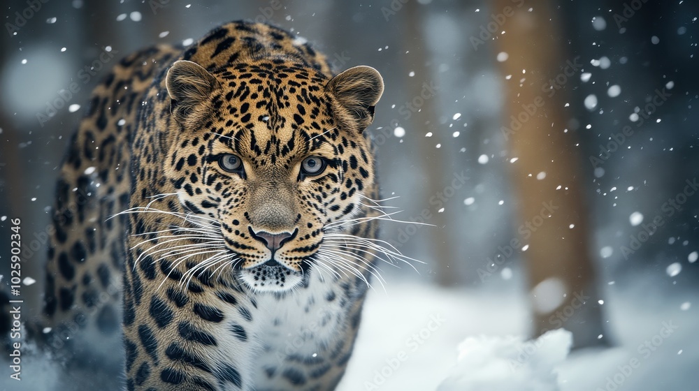 Majestic Amur Leopard Walking Through Snowstorm, Close Up Portrait, Wild Animal Photography, Endangered Species Majestic Amur Leopard Walking Through Snowstorm, Close Up Portrait, Wild Animal Photography, Endangered Species