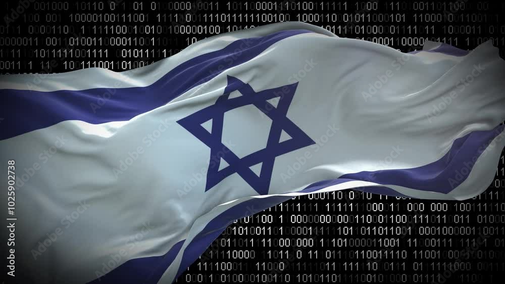 Binary code on flag of Israel. Program source code or Hacker concept on Israeli flag. Israel digital technology security, hacking or programming