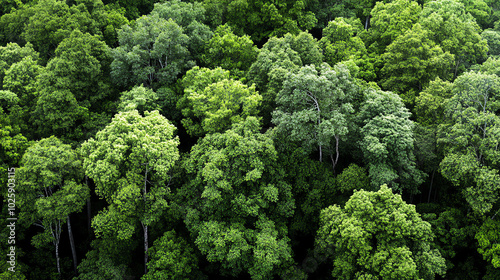 Aerial view of dense green forest canopy.