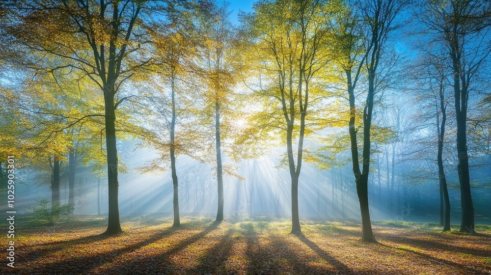 Fototapeta premium Serene Autumn Light in a Tranquil Forest Scene