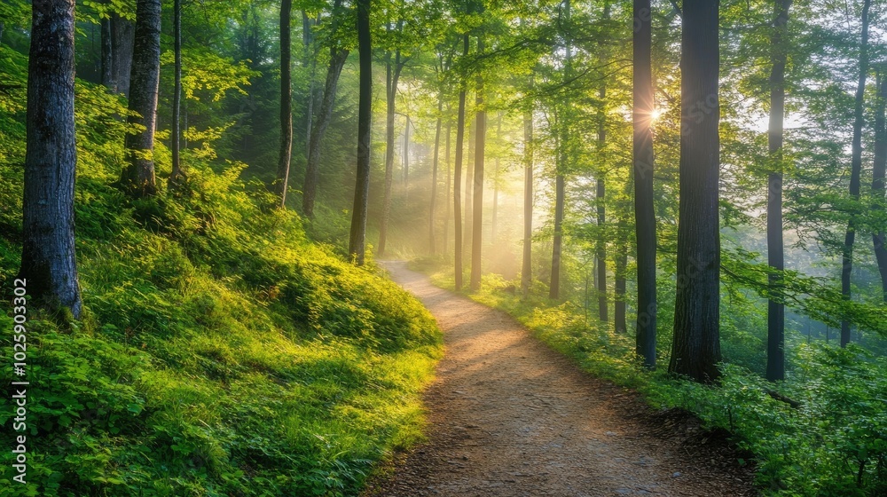 Serene Forest Path with Sunlight Breaking Through Trees Serene Forest Path with Sunlight Breaking Through Trees