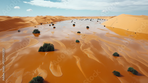 Stunning Sahara Desert Flooding Scene with Lush Vegetation and Water photo