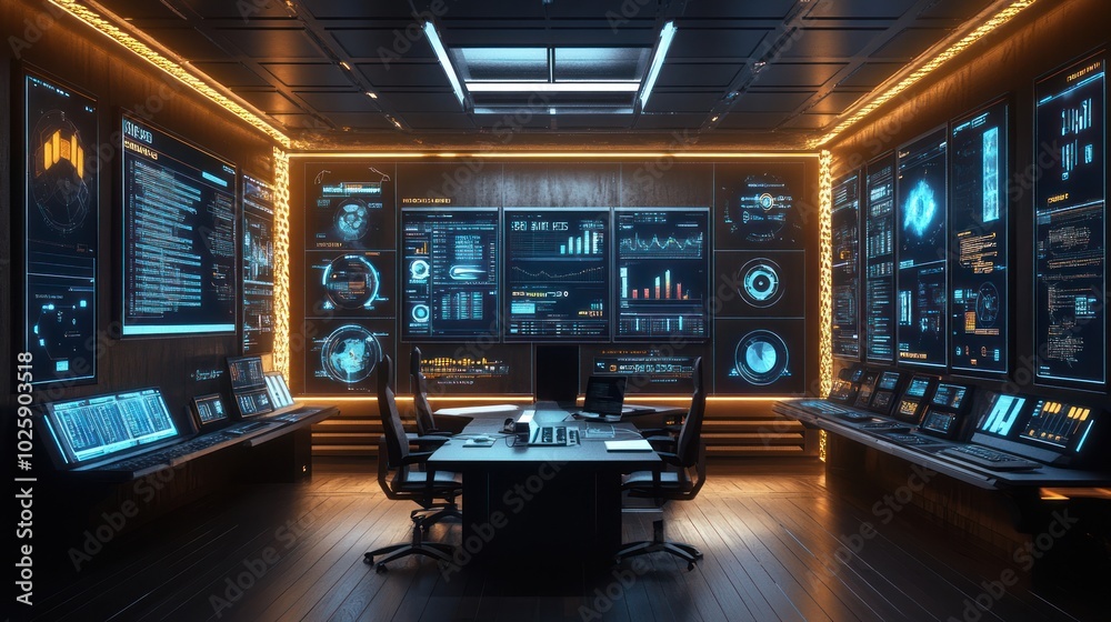 Futuristic Control Room with Digital Displays Futuristic Control Room with Digital Displays