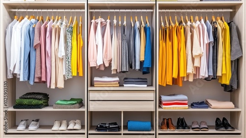 Organized Wardrobe with Colorful Clothing and Accessories