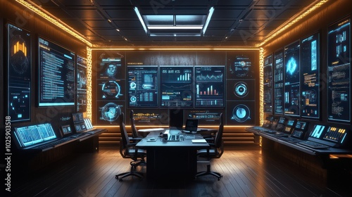 Futuristic Control Room with Digital Displays