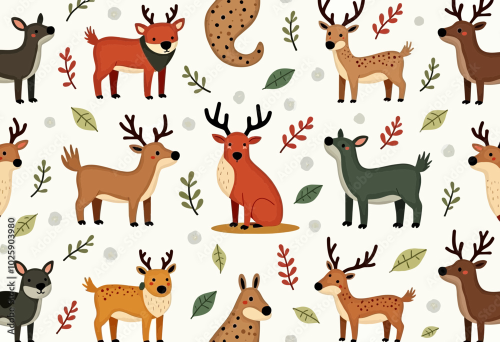 Whimsical Christmas Pattern Featuring Adorable Animals and Lush Leaves for Festive Decor Whimsical Christmas Pattern Featuring Adorable Animals and Lush Leaves for Festive Decor