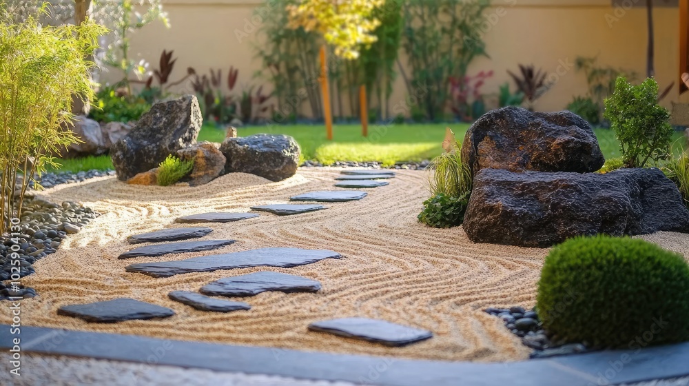 Serene Zen Garden with Stones and Gravel Pathway