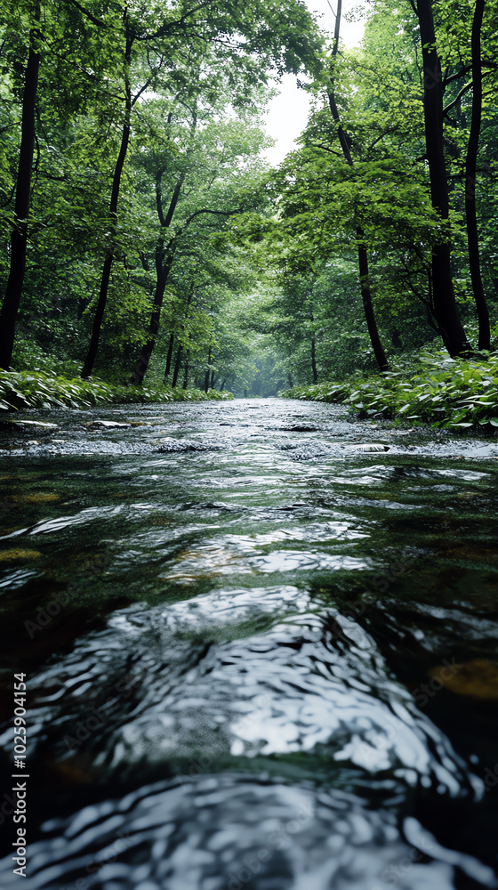 Calm river flowing through lush green forest Calm river flowing through lush green forest