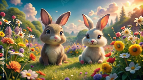 Adorable Bunny Characters in Playful Settings with Copy Space for Creative Use