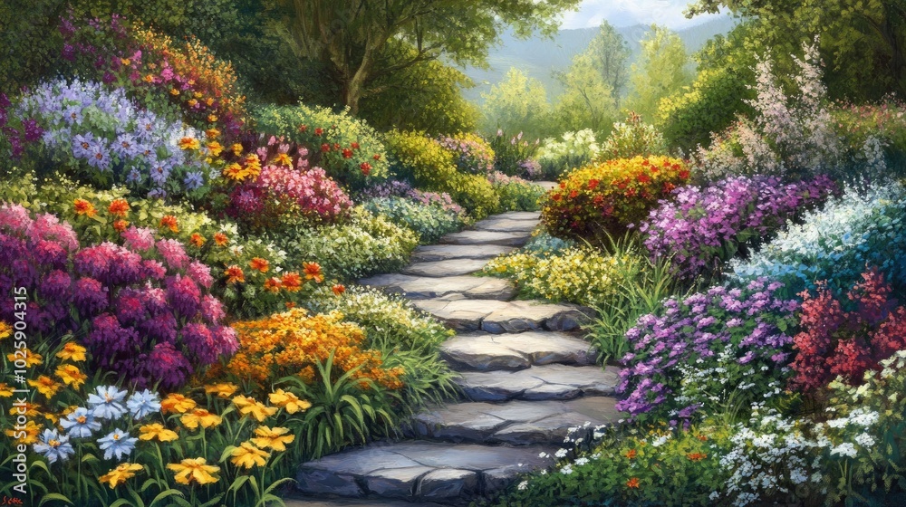 Obraz premium Colorful Flower Garden Pathway in Springtime Bloom