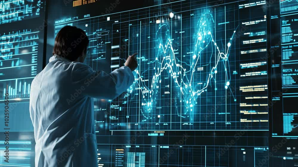 Scientist analyzing data on a digital display Scientist analyzing data on a digital display