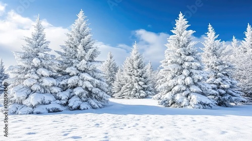 Snowy Winter Landscape with Pine Trees Under Blue Sky