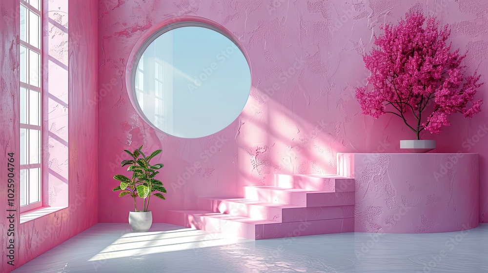 Empty pink pastel studio bg with floor and circle hole in wall for product show. 3d render illustration of simple rose color room podium background with round window. Presentation indoor scene Empty pink pastel studio bg with floor and circle hole in wall for product show. 3d render illustration of simple rose color room podium background with round window. Presentation indoor scene