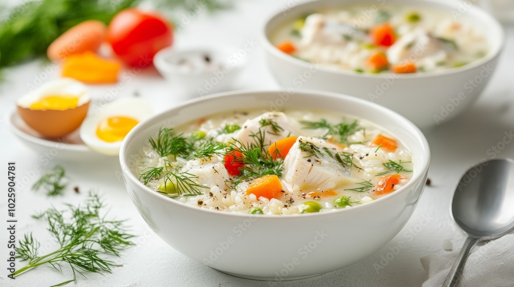 Two bowls of creamy fish soup with rice, vegetables, and dill garnished, served with boiled eggs. Two bowls of creamy fish soup with rice, vegetables, and dill garnished, served with boiled eggs.
