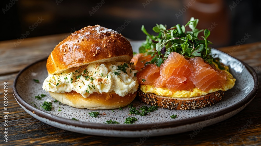 Two breakfast sandwiches, one with scrambled eggs and the other with smoked salmon and scrambled eggs, on a plate. Two breakfast sandwiches, one with scrambled eggs and the other with smoked salmon and scrambled eggs, on a plate.