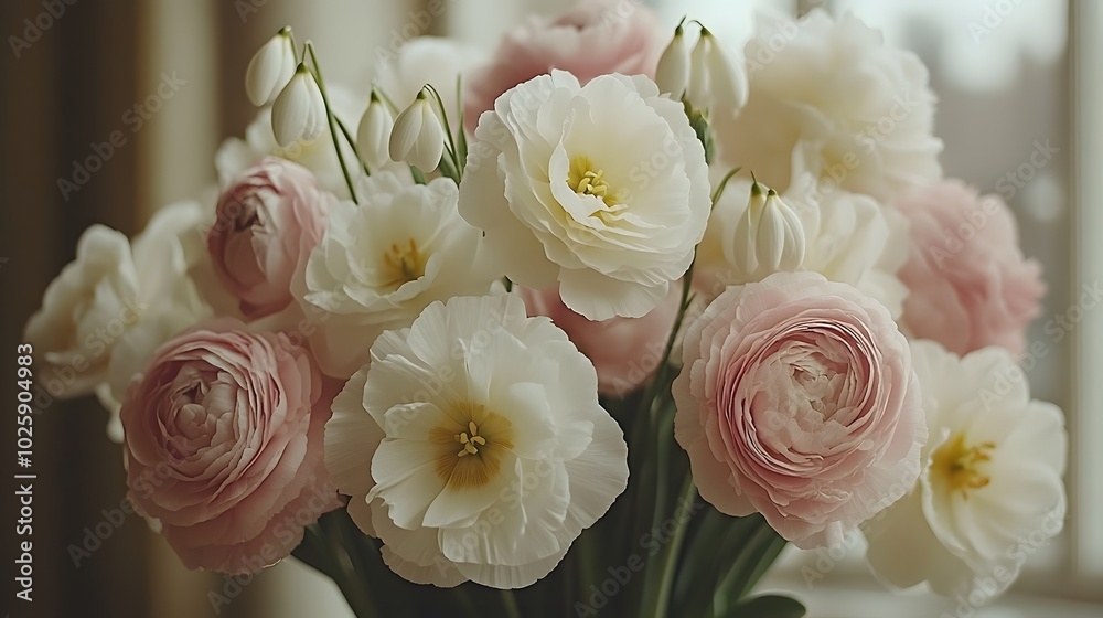 Lush watercolor carnation and snowdrop bouquet with soft pinks and whites Lush watercolor carnation and snowdrop bouquet with soft pinks and whites