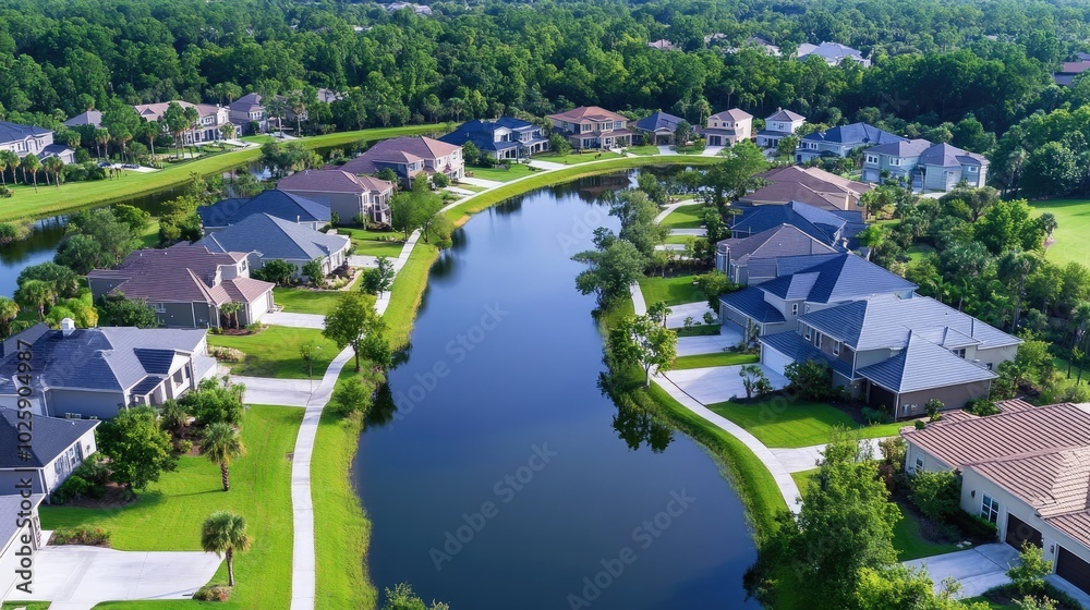 Aerial View of Suburban Neighborhood with Calm Water Aerial View of Suburban Neighborhood with Calm Water