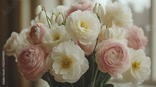 Lush watercolor carnation and snowdrop bouquet with soft pinks and whites