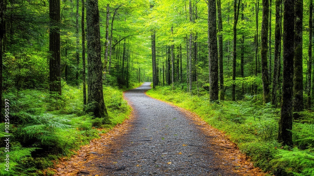 Obraz premium Serene Pathway Through a Lush Green Forest