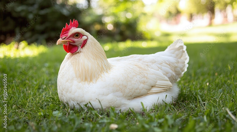 Fototapeta premium White Chicken Relaxing on Lush Green Grass