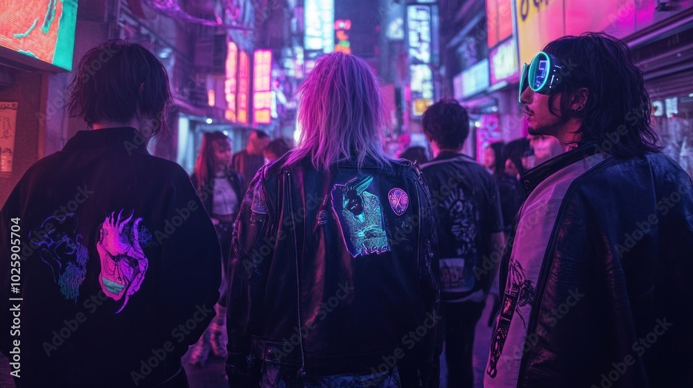 Neon-lit urban scene featuring individuals in stylish jackets, embodying a vibrant nightlife. Neon-lit urban scene featuring individuals in stylish jackets, embodying a vibrant nightlife.