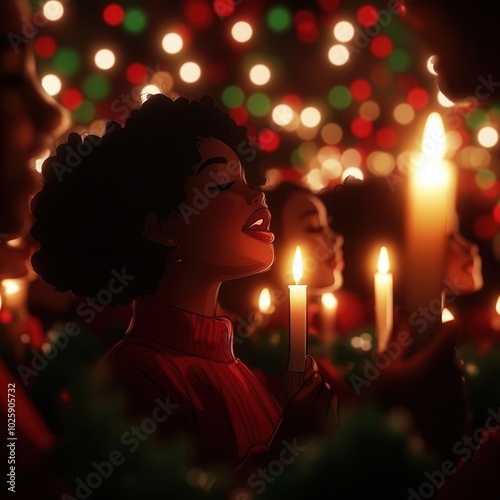 A choir dressed in holiday colors, harmonizing to classic carols while holding flickering candles, [Carols by Candlelight], [vocal performance, Christmas spirit], , photo