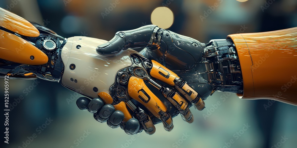  Robotic handshake symbolizing collaboration between humans and machines. Represents partnership, innovation, and progress in technology.
