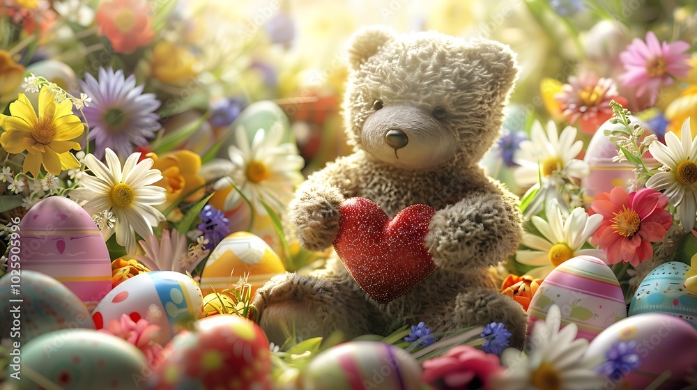 A teddy bear holding a heart surrounded by colorful Easter eggs and spring flowers A teddy bear holding a heart surrounded by colorful Easter eggs and spring flowers