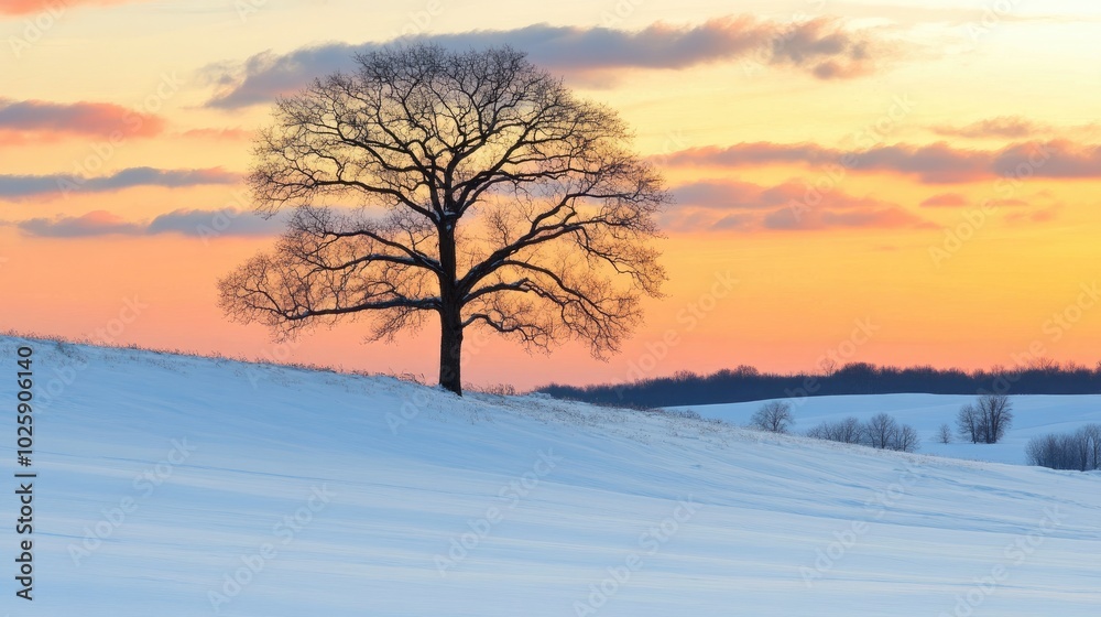 Serene Winter Sunset with Tree Silhouette Serene Winter Sunset with Tree Silhouette