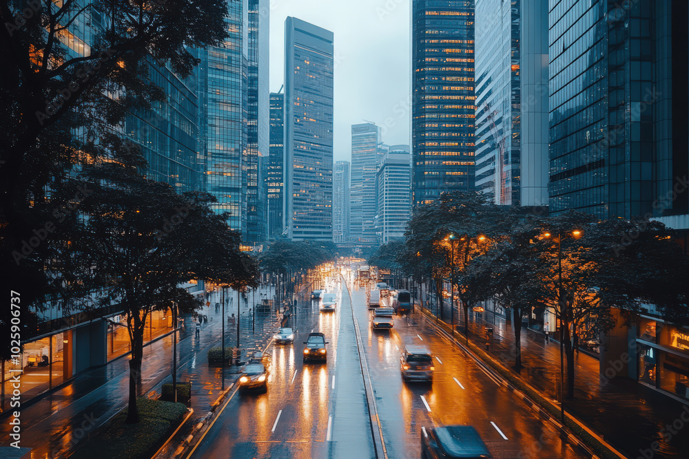 Obraz premium Cityscape at Dusk Showing Urban Traffic 