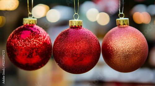 Three shiny red and gold Christmas ornaments.