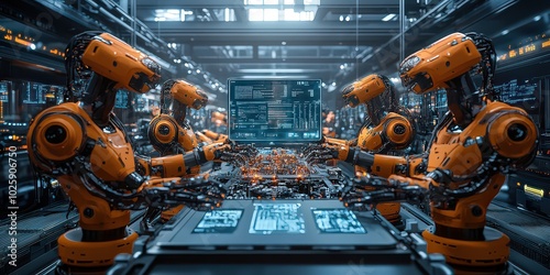 group of industrial robots perform synchronized tasks in a factory, demonstrating AI-driven efficiency and automation in manufacturing.