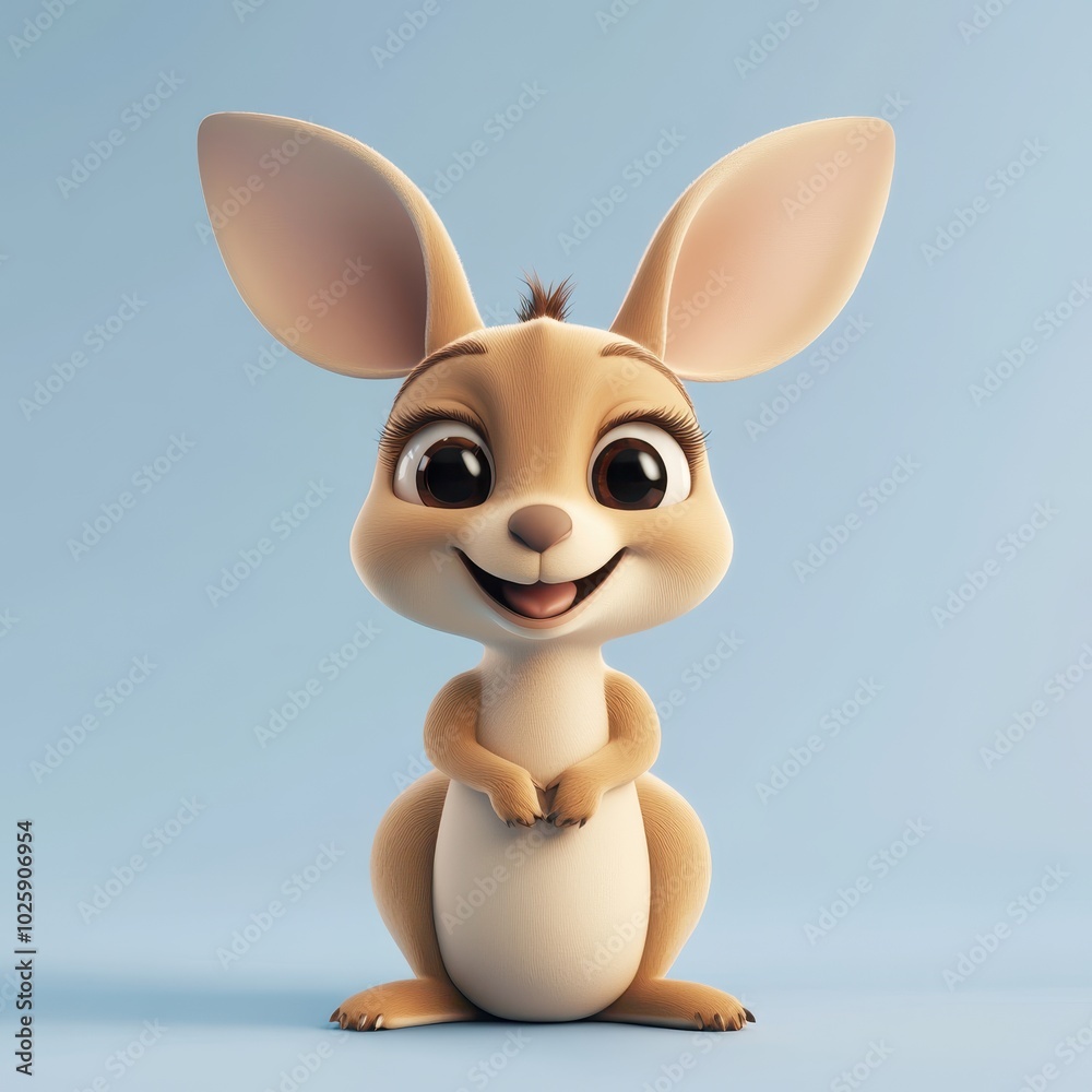 Cute Cartoon Kangaroo with Big Eyes and a Happy Expression on a Light Blue Background. Cute Cartoon Kangaroo with Big Eyes and a Happy Expression on a Light Blue Background.