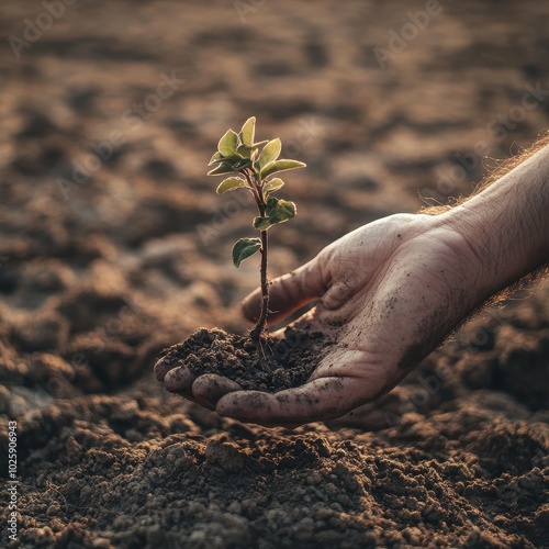 Hand Holding a Small Sapling with Roots and Soil, Symbolizing Growth, Hope, and Renewal.