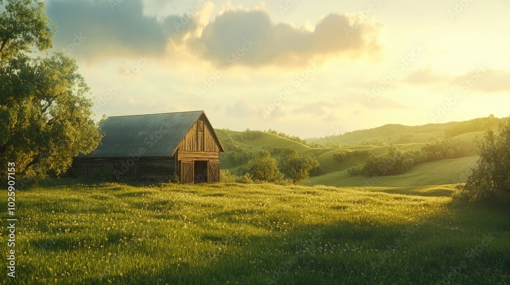 Serene Barn in Expansive Green Meadow at Sunset