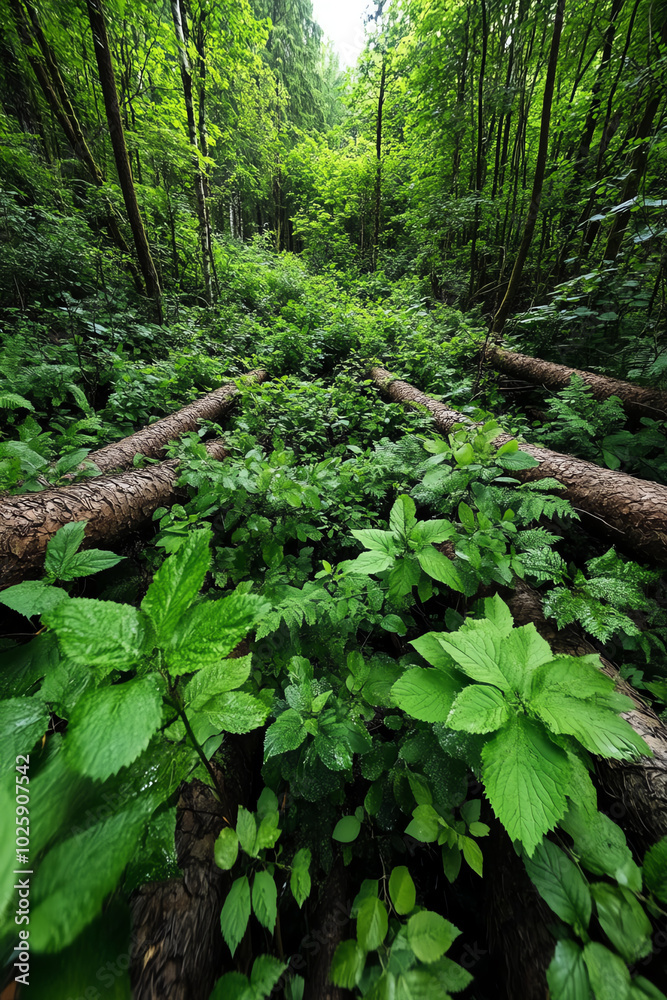 Lush green forest with fallen trees Lush green forest with fallen trees