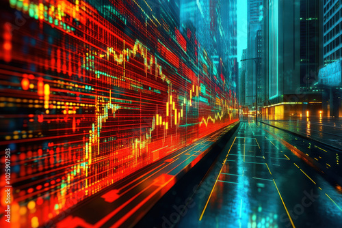 Futuristic Financial District with Stock Market Data Displays