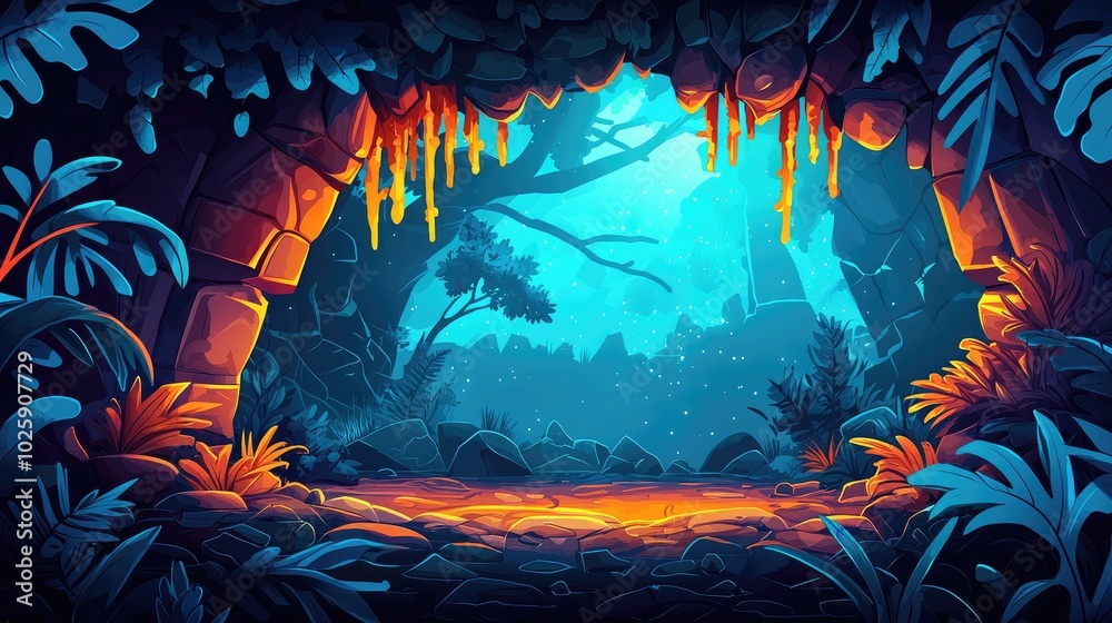 Obraz premium A View of a Cave Opening in a Lush, Dark Forest