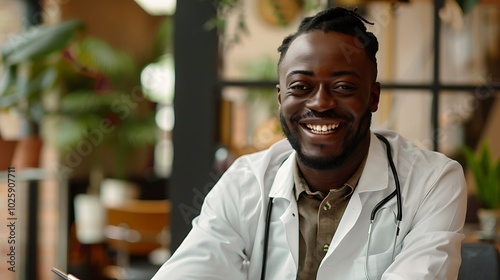 Happy Young Black Male Psychologist Writing in Clipboard, Smiling in Modern Office, Psychotherapy Services, , Psychologist