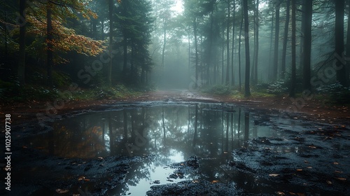 A misty forest scene just after a storm, with dense fog rolling through the trees, and sunlight trying to break through the cloud cover. The ground is wet and muddy,