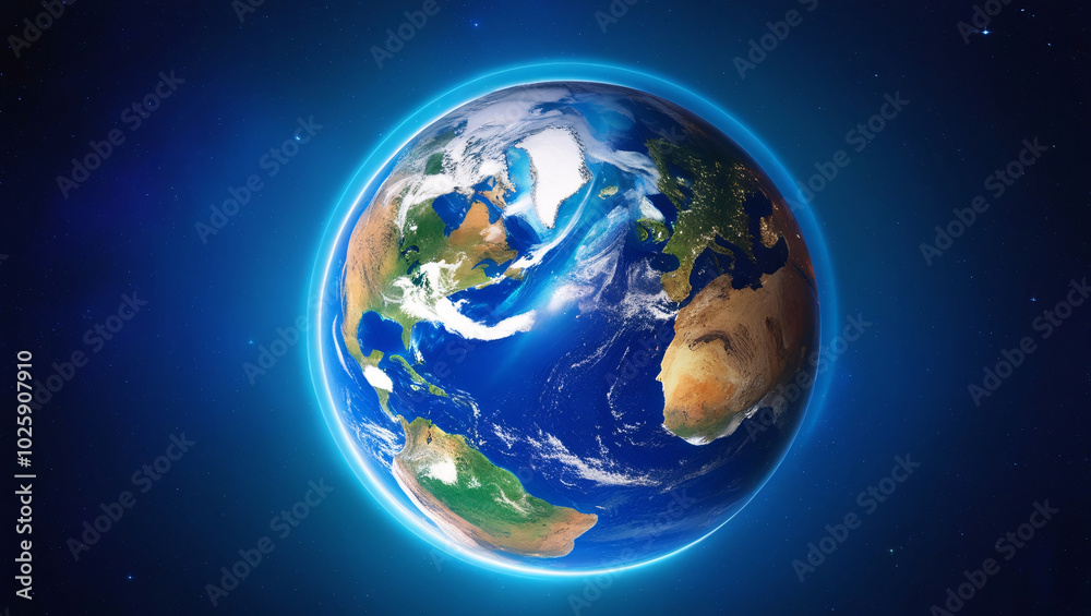 Fototapeta premium Stunning Digital Illustration of Earth from Space, Showcasing Vibrant Oceans, Landmasses, and Cloud Formations Against a Dark Starry Background, Enhanced by a Glowing Blue Halo