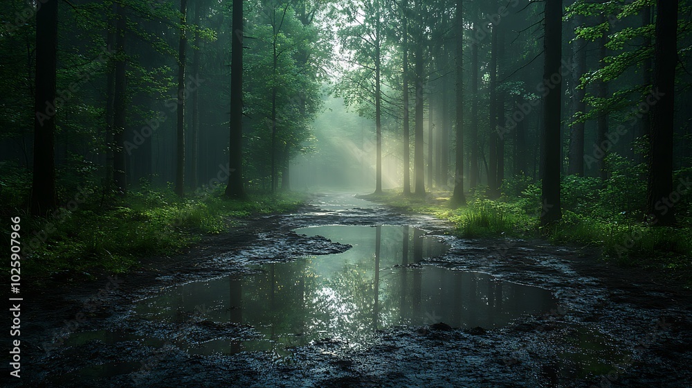 A misty forest scene just after a storm, with dense fog rolling through the trees, and sunlight trying to break through the cloud cover. The ground is wet and muddy,