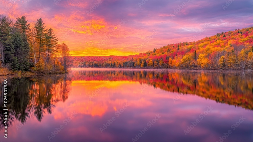 Obraz premium Serene Autumn Sunset Over a Tranquil Lake
